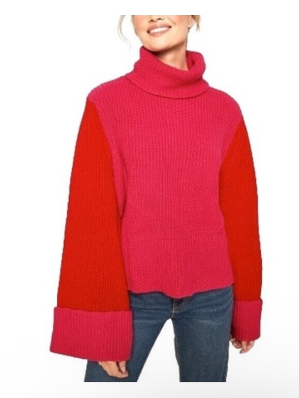 Sugarlips Pink and Red Colorblock Turtleneck Sweater